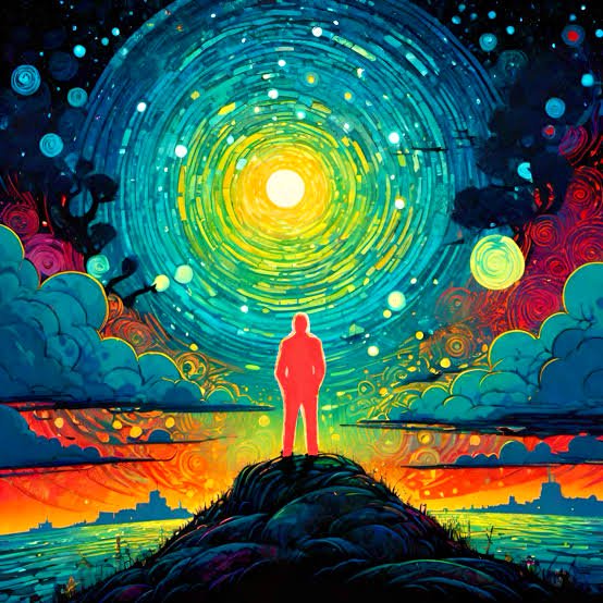 Red silhouetted person stands on a hilltop gazing up at a swirling vibrant cosmic starry sky