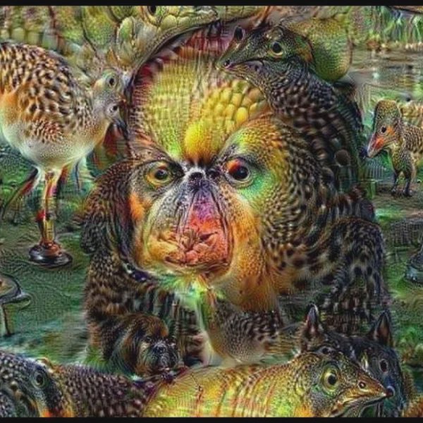 Surreal AI-generated hybrid primate surrounded by distorted bird and reptile creatures in a lush ...