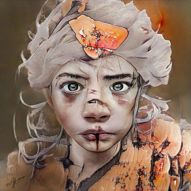 Surreal textured close-up portrait of a wide-eyed child wearing a feathered headpiece with orange...