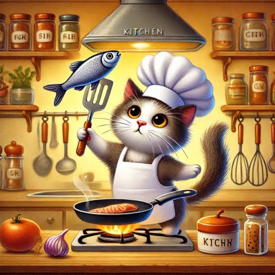 Fluffy cat in a chef hat holds a fish on a spatula while cooking in a cozy sunlit kitchen