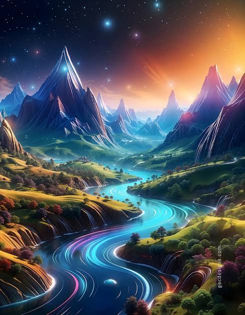 Glowing winding neon river flows through a fantasy mountain valley beneath a starry gradient dusk...