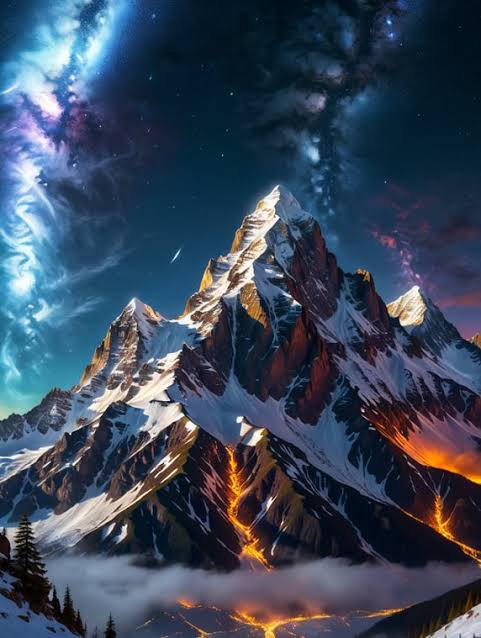 Jagged snow-capped mountain rises beneath a vibrant swirling starry nebula sky with glowing lava ...