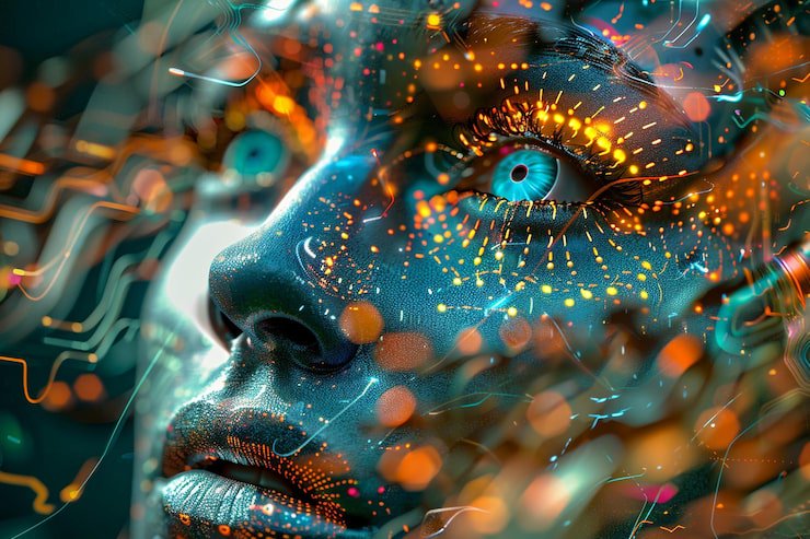 Close up profile of a futuristic cybernetic human face with glowing teal skin and bright blue eyes