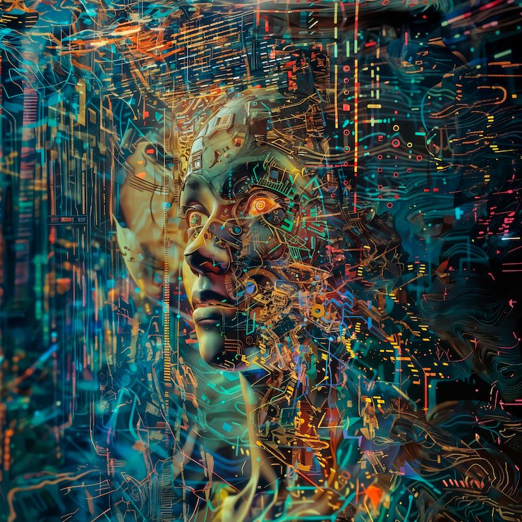 Glowing cybernetic humanoid face merged with swirling neon circuit board patterns