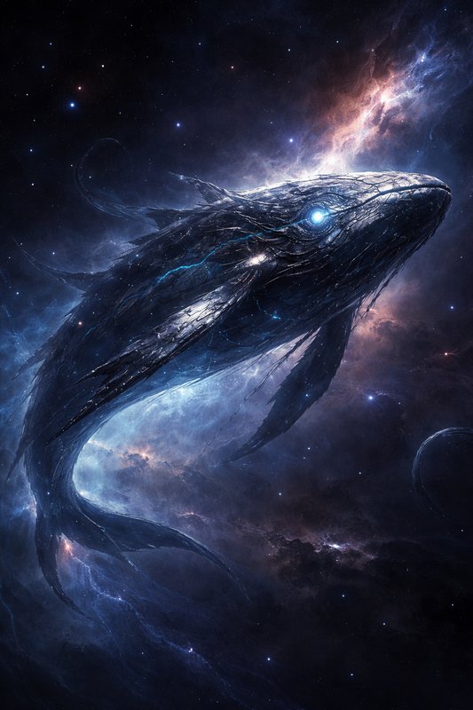 Giant mythic cosmic whale with glowing blue eye swims through swirling starry outer space nebula
