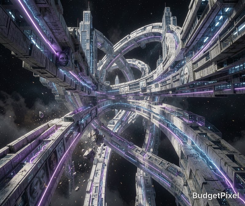 Futuristic interlocking ringed orbital space station glows with purple neon against starry deep s...