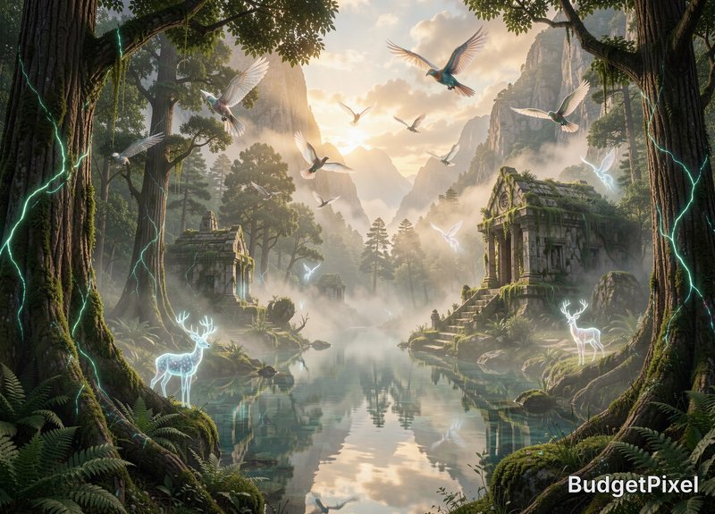 Enchanted misty fantasy forest at sunrise with glowing spirit deer, flying birds, and mossy ancie...