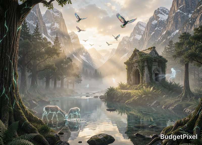Misty fantasy alpine valley with glowing spirit deer, overgrown ancient temple, and ethereal bird...