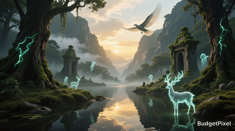 Misty fantasy river valley at golden sunrise with glowing spirit deer, flying spirit bird, and an...