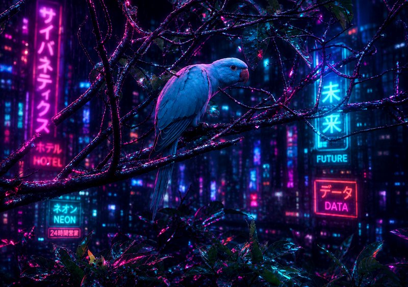 Blue parrot perched on wet tree branches overlooking a glowing neon cyberpunk city skyline on a rainy night