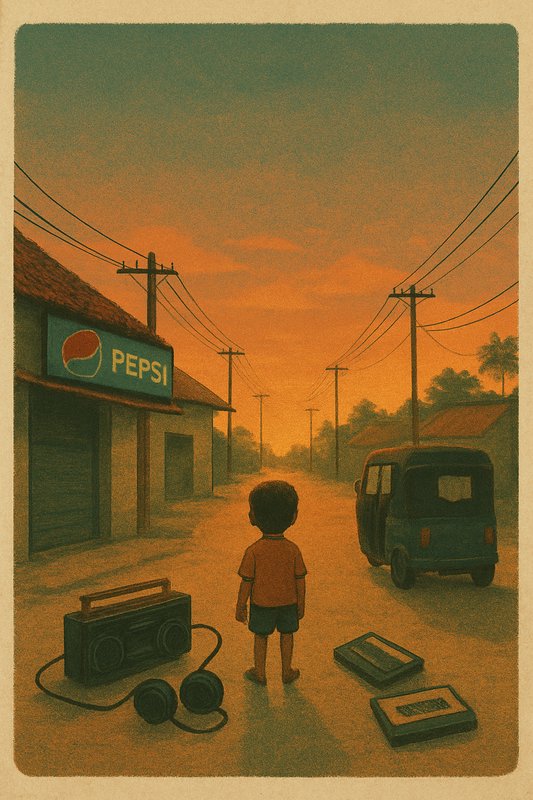 Nostalgic retro illustration of a young boy standing on a quiet village street at orange sunset, ...