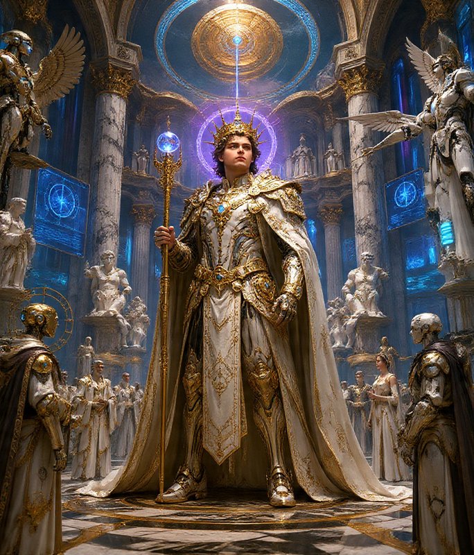 Epic fantasy king in gilded white armor holds a glowing scepter in an ornate futuristic throne ha...
