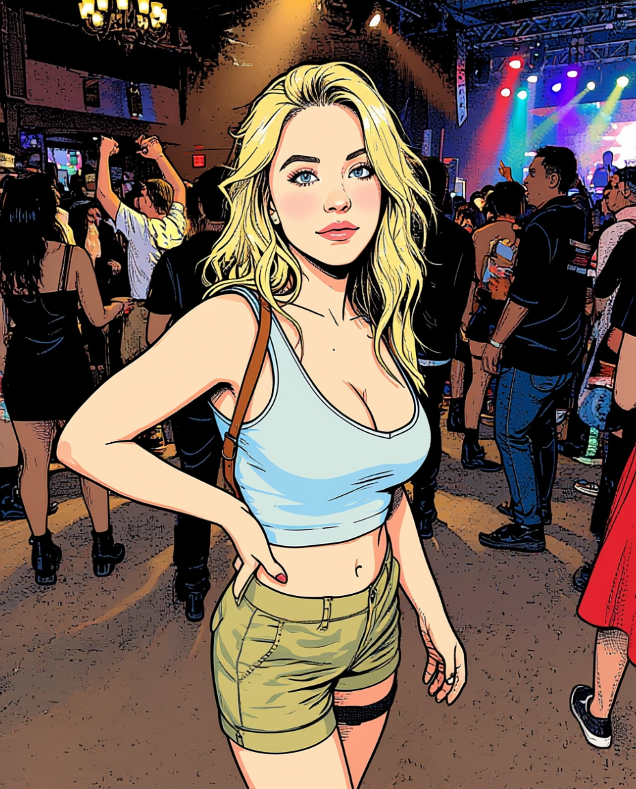 Pop art illustration of a blonde woman posing at a crowded indoor concert venue
