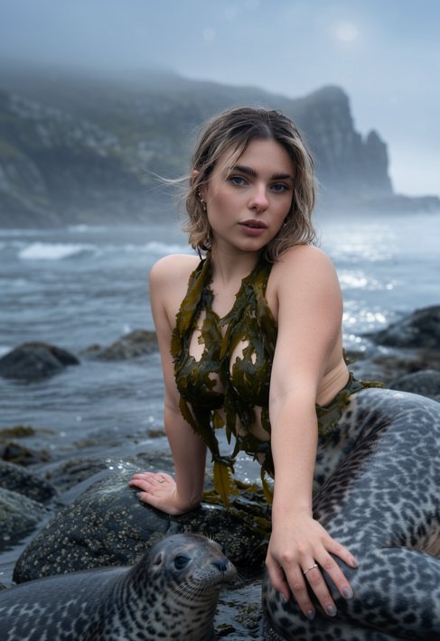 Portrait of a woman on a rocky shore with sea lions and misty cliffs in the background