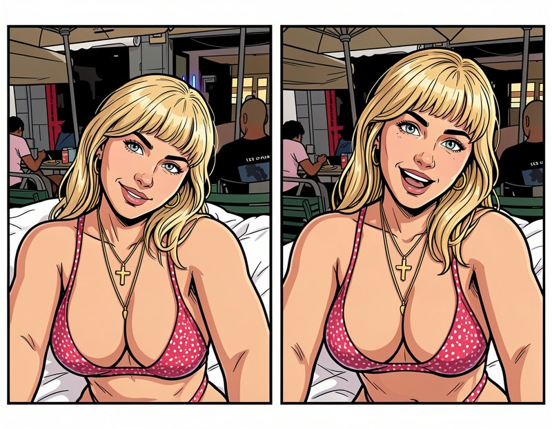 Two side-by-side comic panels of a blonde woman in a red polka dot bikini at an outdoor patio cafe