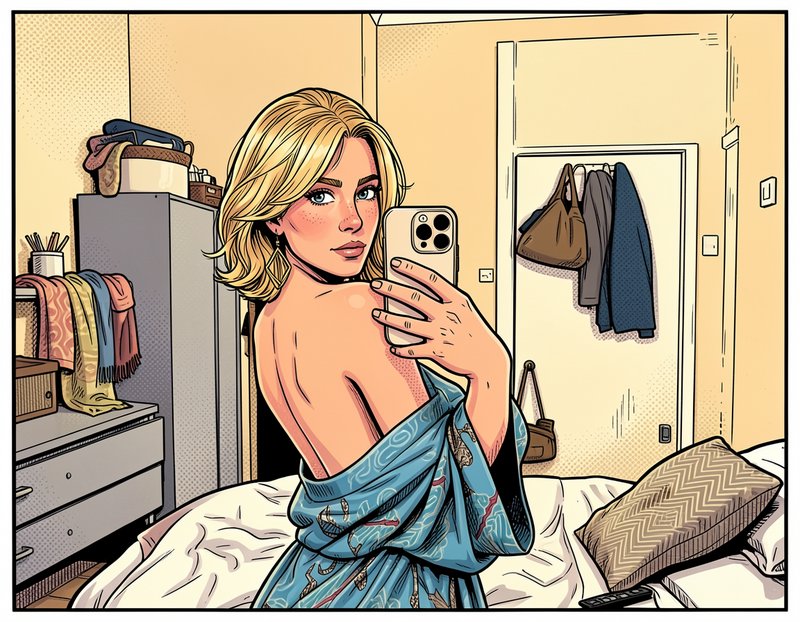 Pop art illustration of a blonde woman taking a mirror selfie in a cozy bedroom wearing a loose b...