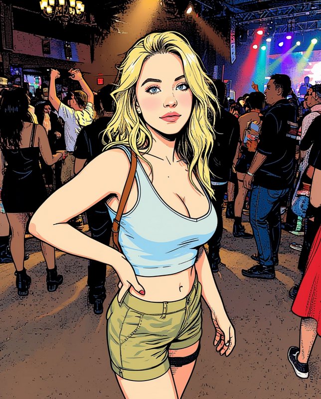 Pop art illustration of a blonde woman posing at a crowded indoor concert venue