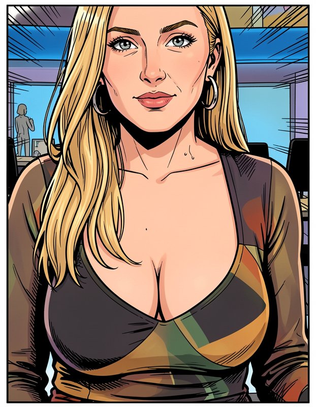 Pop art portrait of a blonde woman with hoop earrings in a modern office setting