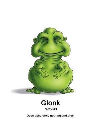 Green cartoon frog-like creature named Glonk with a relaxed, content expression.
