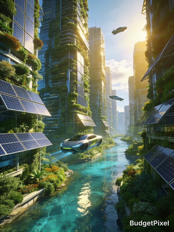 Sleek flying cars glide over a turquoise river running through a lush, solar-powered futuristic e...