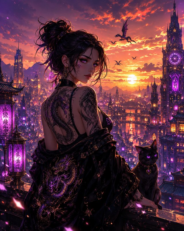 Tattooed fantasy woman with glowing purple eyes and black cat overlooks a neon gothic city at sunset, small dragons