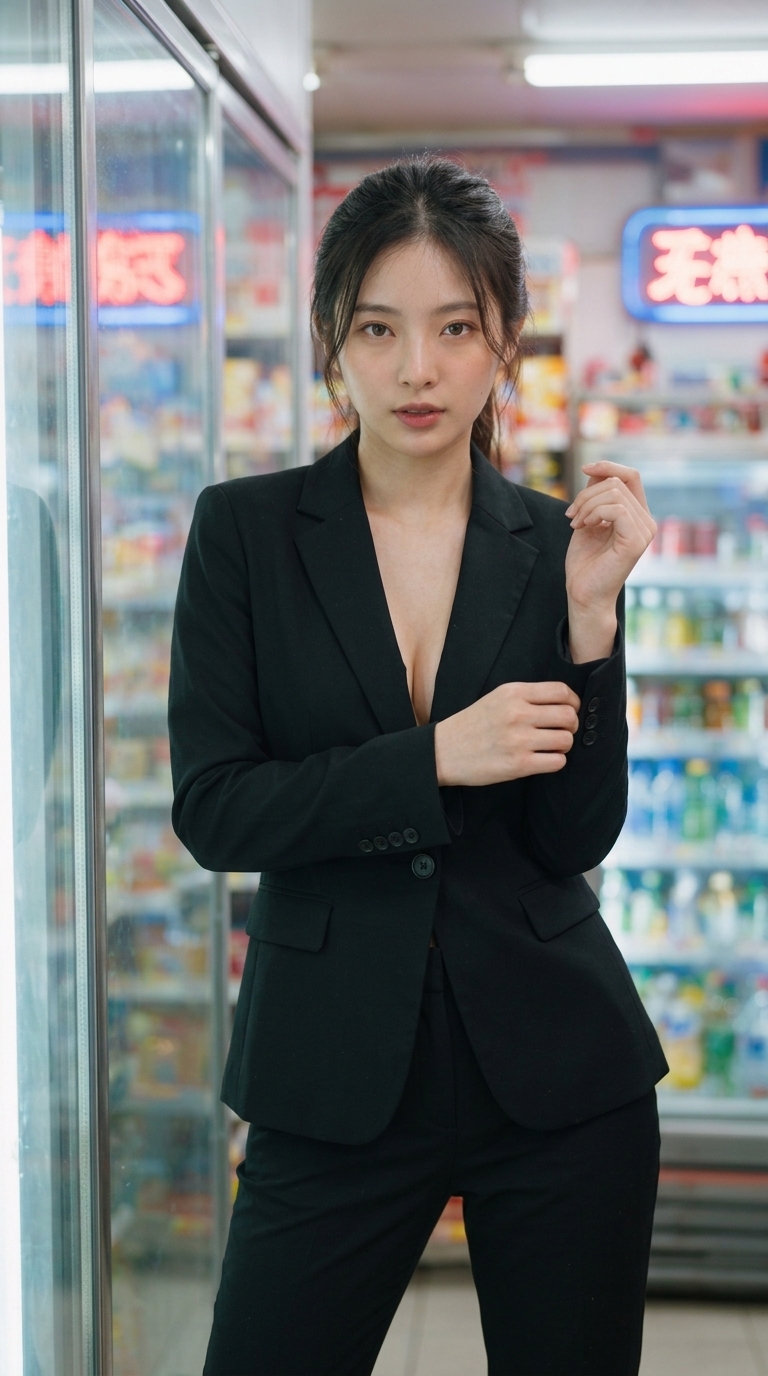 Young woman in a tailored black suit standing next to refrigerated shelves in a convenience store
