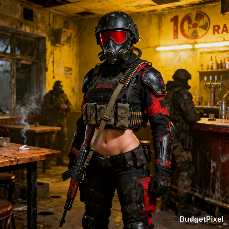 Armed female tactical soldier with a gas mask stands in a decaying post-apocalyptic bar holding a...