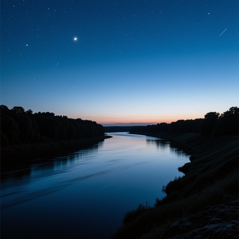 Starry twilight sky over a calm winding river, flanked by dark silhouetted forest banks with fain...