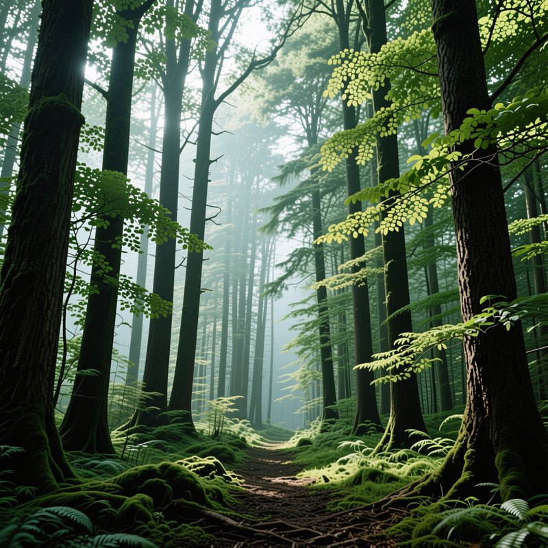 Winding dirt path leads through a sun-dappled misty old growth forest with tall trees, mossy unde...
