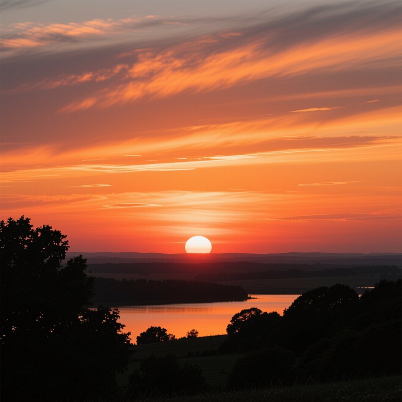 Bright round sun sets over calm lake, framed by dark tree silhouettes against vibrant streaked or...