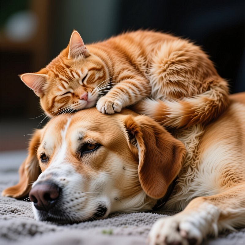 Sleeping orange tabby cat rests curled gently on top of a relaxed golden dog laying on a soft ind...