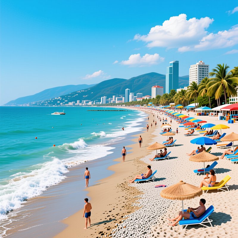 Bright sunny bustling resort beach, turquoise ocean waves, beachgoers under umbrellas, coastal sk...