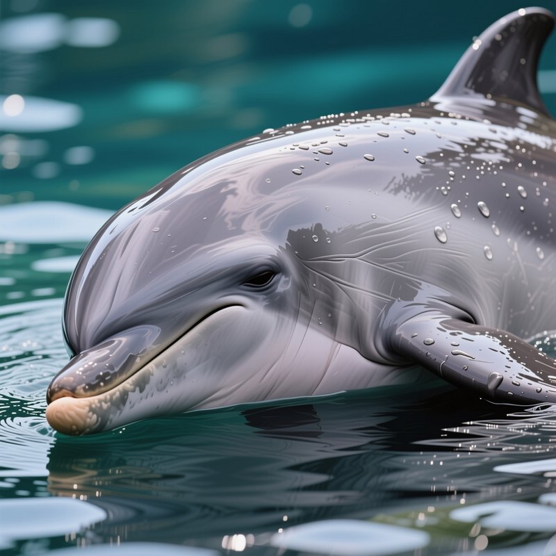 Close-up of a friendly glossy bottlenose dolphin peeking out of calm teal ocean water, covered in...