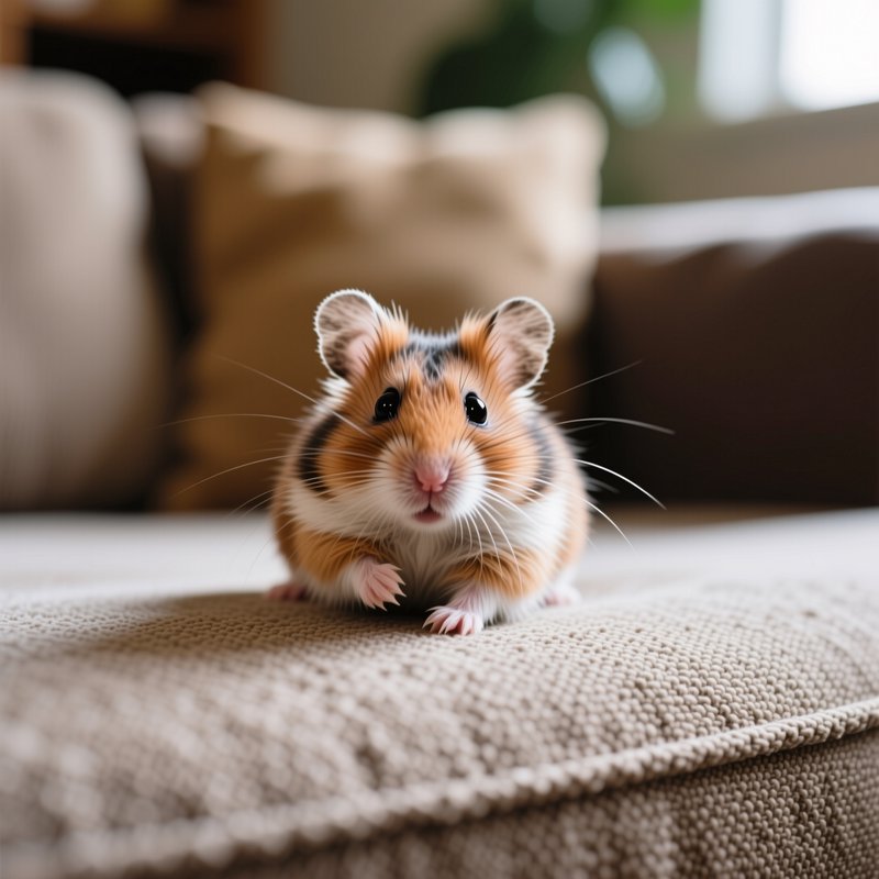 Close-up of a fluffy striped hamster sitting on a soft couch cushion, looking directly at the cam...