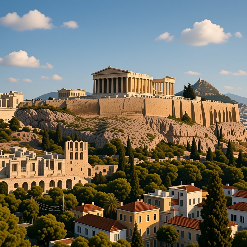 Stylized illustration of the Athens Acropolis and Parthenon overlooking a sunlit Mediterranean ci...