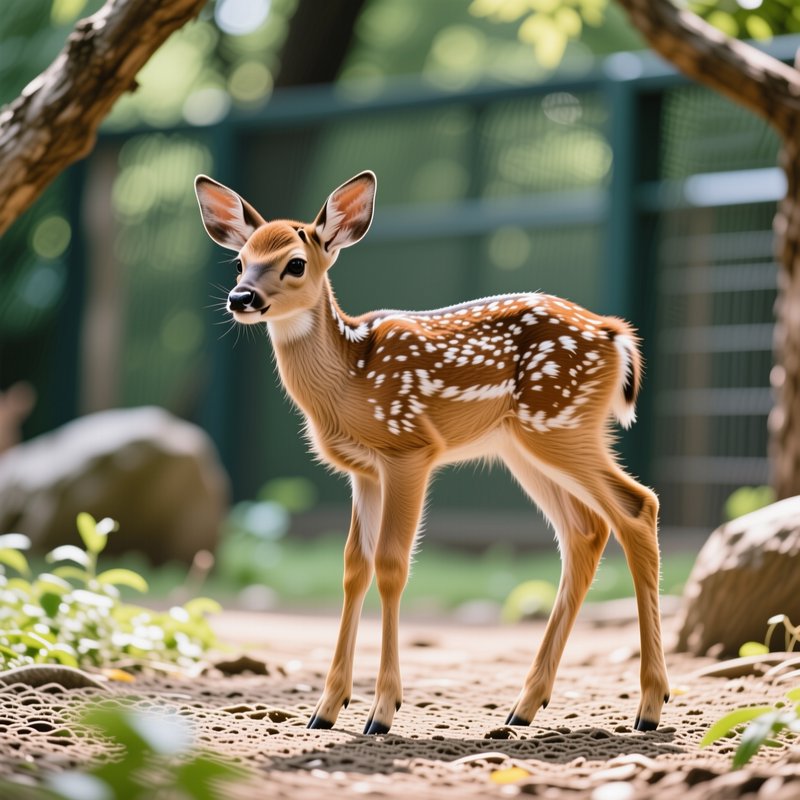 Adorable spotted deer fawn standing alert on sun-dappled ground in a shaded wildlife enclosure wi...