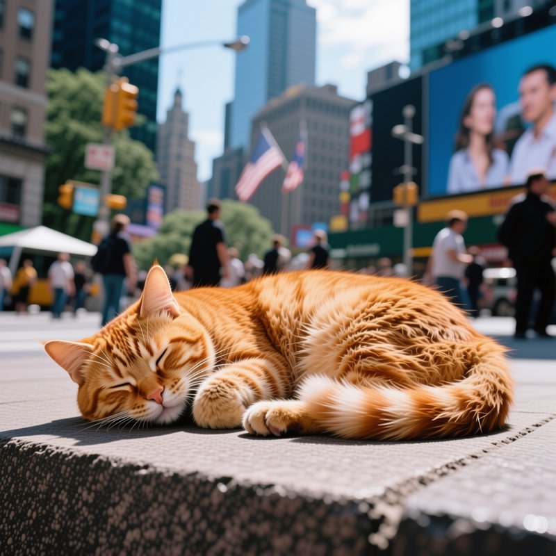 Fluffy ginger orange tabby cat sleeps peacefully on a paved city plaza, with a busy New York skyl...