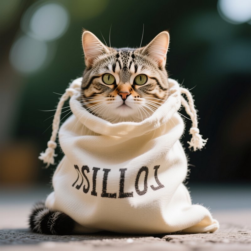 Tabby cat with bright green eyes peeks out from a cream drawstring canvas bag against a soft blur...