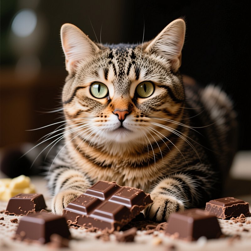 Curious striped tabby cat with green eyes sits behind scattered dark chocolate pieces, facing dir...