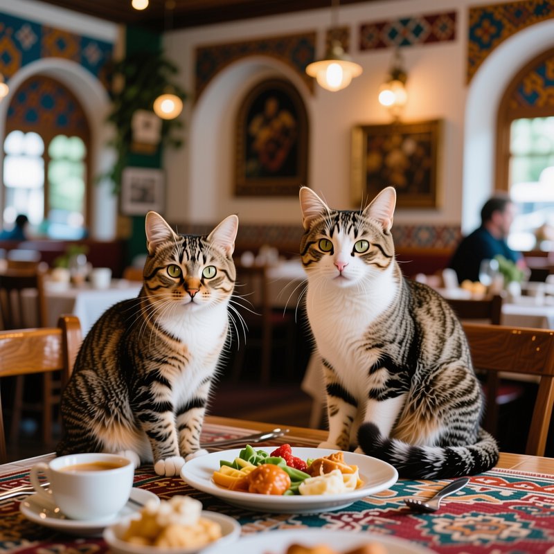 Two tabby and white cats sit on a set restaurant table with food and coffee inside a cozy ornate ...