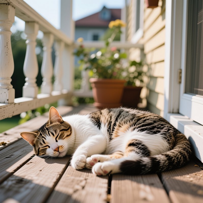 Tabby and white domestic cat peacefully napping on a sunlit weathered wooden residential front porch