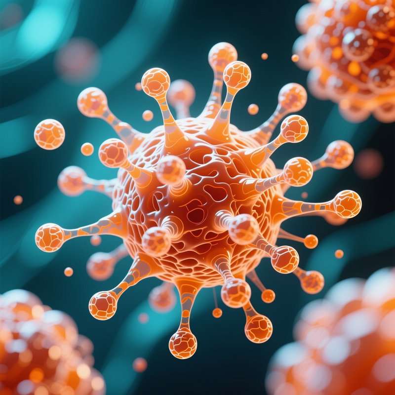 Close-up 3D render of glowing orange spiked virus particle against blurred teal microscopic backg...