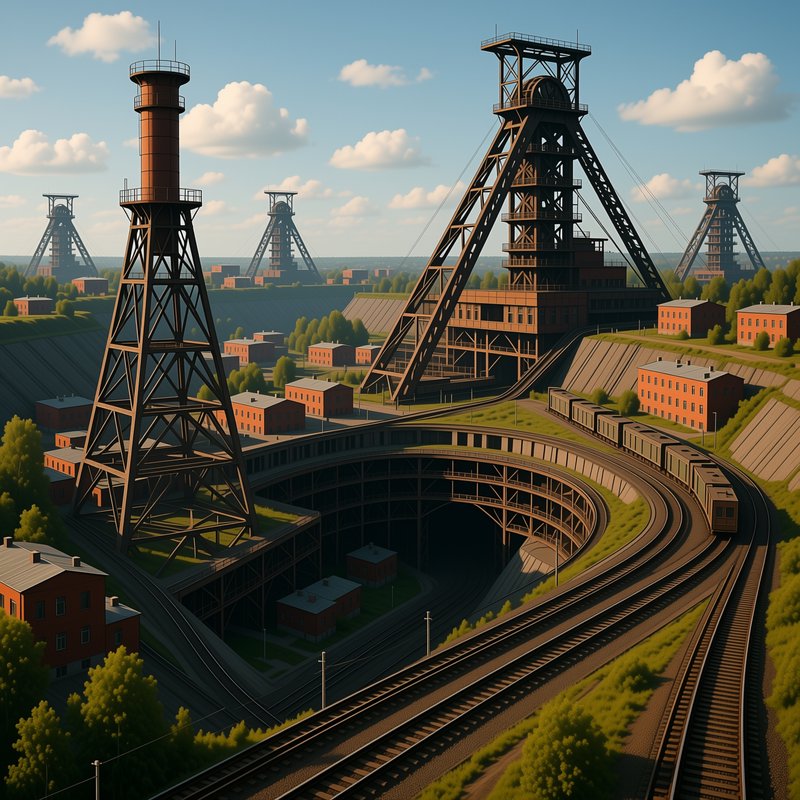 Aerial view of a stylized historic coal mine complex with headframes, curving railway tracks, and...