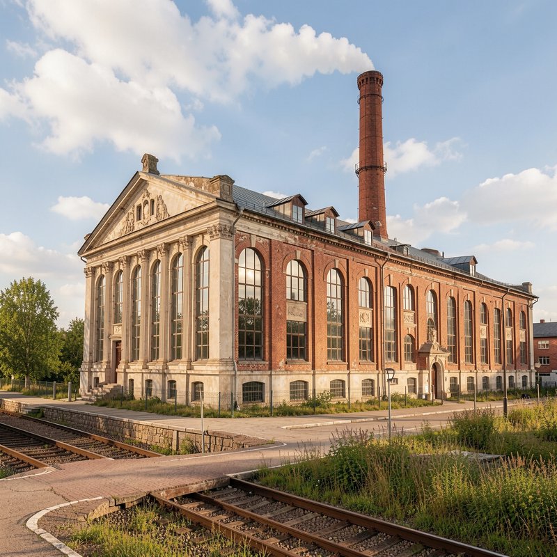 Grand historic neoclassical brick power station with tall smoking smokestack beside overgrown rai...