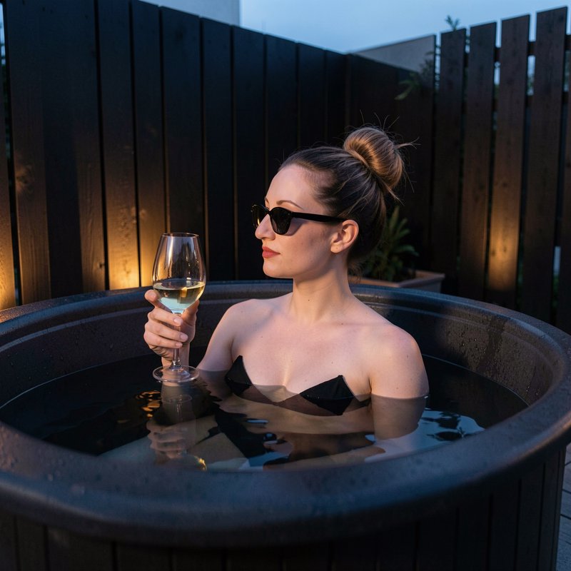 Woman wearing sunglasses holds a glass of white wine while relaxing in an outdoor hot tub at dusk