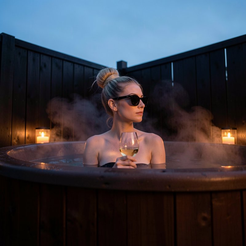 Woman relaxing in a steaming wooden hot tub at twilight holding a glass of white wine beside glow...