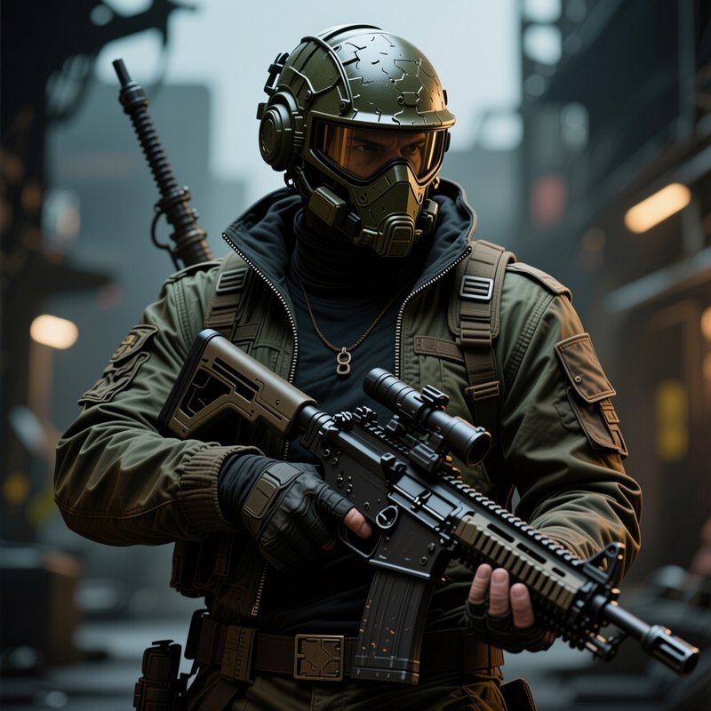Futuristic tactical soldier in olive combat helmet and gear holds a scoped assault rifle in a fog...