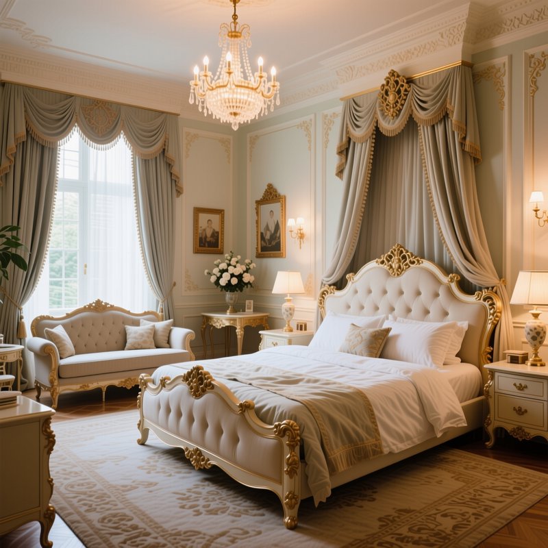 Ornate French Rococo luxury bedroom with gilded furniture, tufted canopy bed, crystal chandelier,...