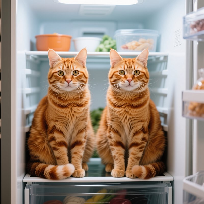 Two matching fluffy orange tabby cats sit side-by-side on a shelf inside an open refrigerator, st...