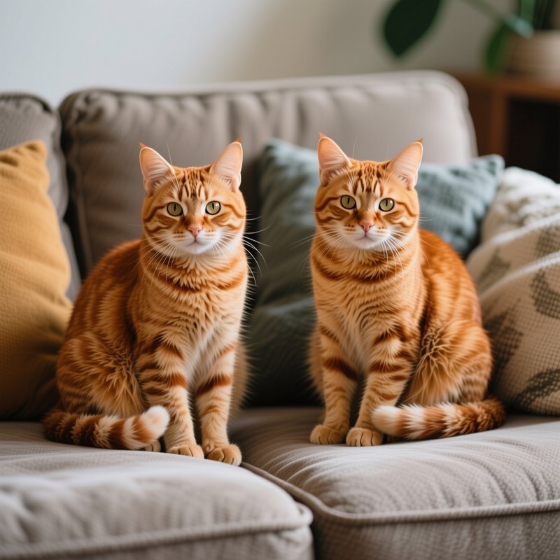 Two matching ginger tabby cats sit side-by-side looking at the camera on a plush neutral living r...